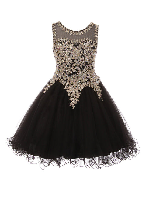 Girls Black Gold Trim Wire Tulle Flower Girl Junior Bridesmaid Dress 4-20